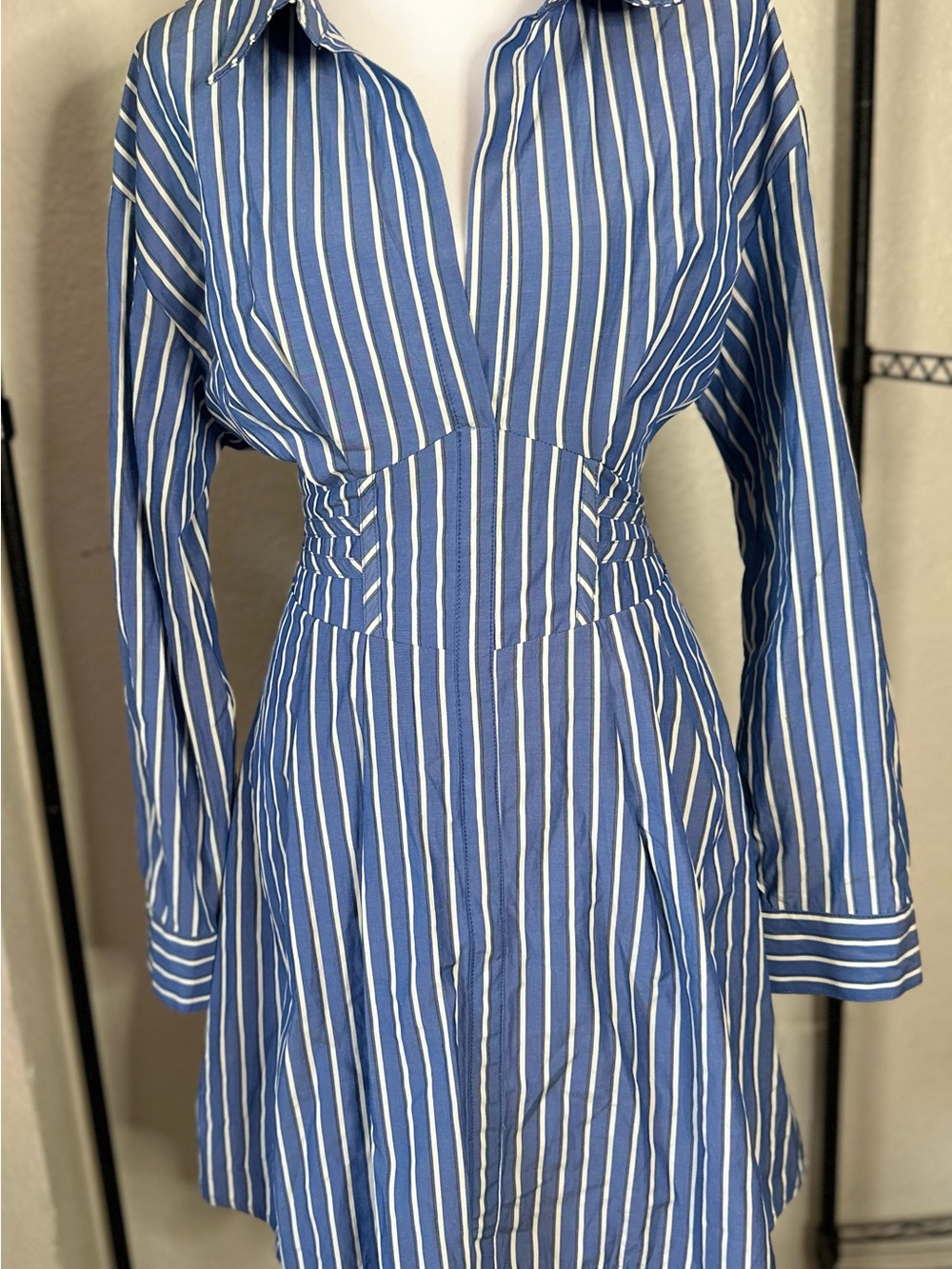 Steve Madden Blue and White Vertical Stripe Long Sleeve Dress